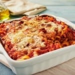 Italian Chicken Sausage Pasta Bake in White Casserole Dish